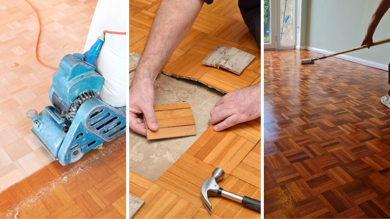 Wood Floor Sanding in Brockley shown as a three‑stage process on an oak parquet floor: belt sanding, block replacement and final oiling.