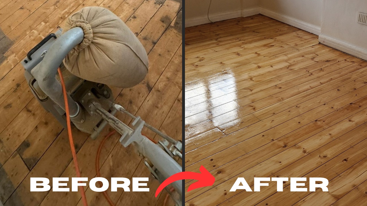 Before and after wood floor sanding in Brockley, showing softwood pine floorboards transformed from dull and scratched to smooth, glossy finish.