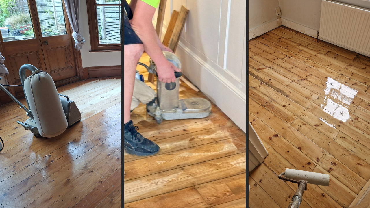 Wood Floor Sanding in Brockley showing pine floorboards being sanded and refinished, from machine sanding to the final glossy softwood finish.