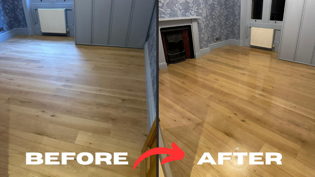 Before and after hardwood floor sanding in Brockley showing a solid oak bedroom floor transformed from a dull finish to a glossy, showroom-style surface.