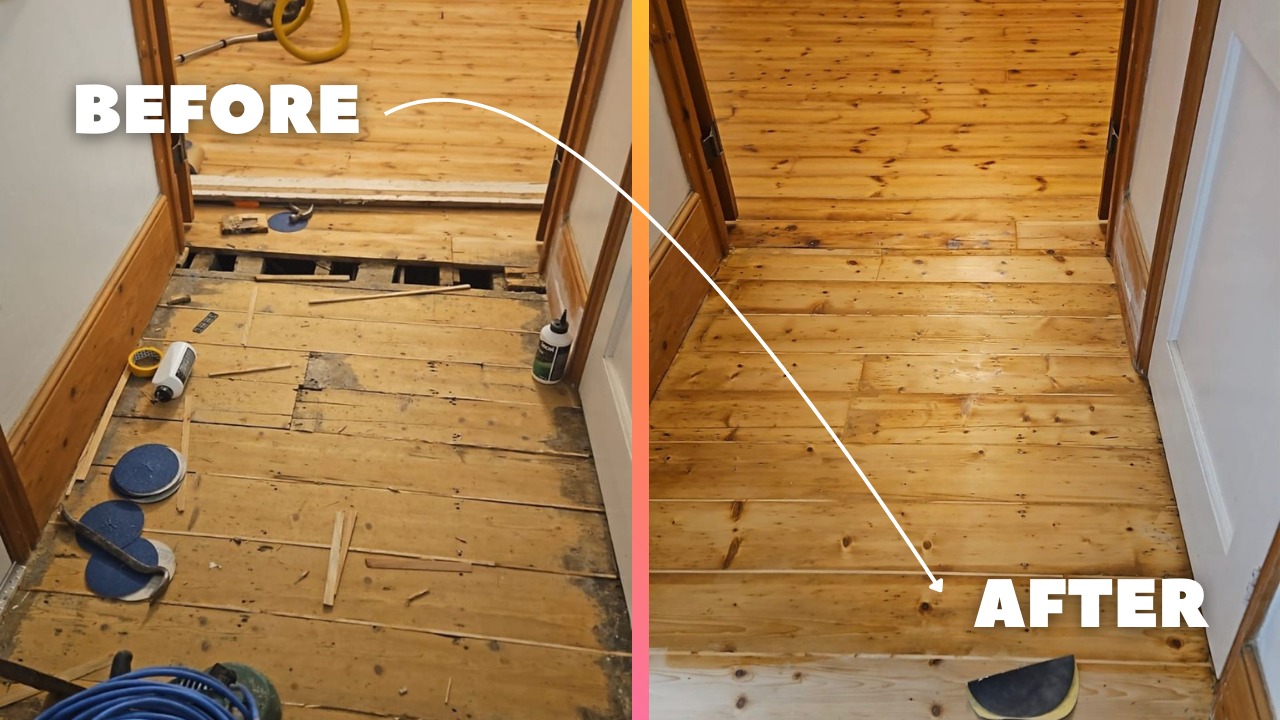 Before and after Wood Floor Sanding in Brockley on pine softwood hallway floorboards showing repaired and restored original timber boards