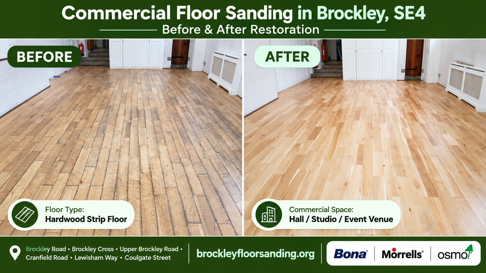 Before and after commercial floor sanding in Brockley SE4, showing a worn hardwood strip floor restored to a clean, smooth natural wood finish.